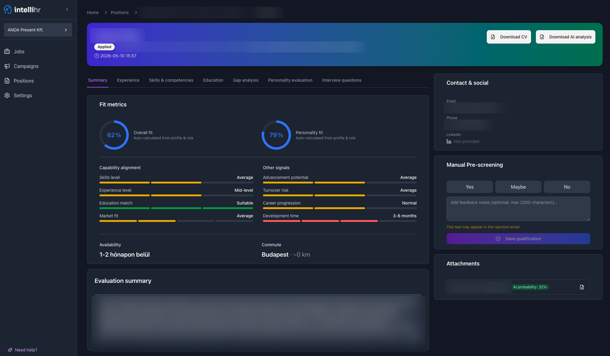 AI HR dashboard valós idejű jelöltértékeléssel - IntelliHR